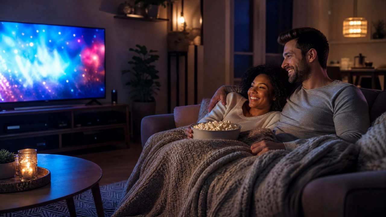 Casal usando IPTV no Android TV com entretenimento em alta qualidade